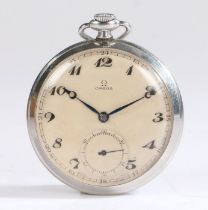 Omega open face pocket watch, the signed silver dial with Arabic markers, outer 24 hour/ minutes