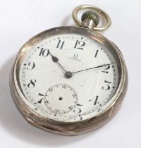 Omega silver open face pocket watch, the signed white dial with Arabic numerals, outer minutes track