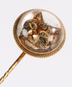 Victorian gold mounted reverse painted intaglio circular crystal stick pin, decorated with the