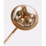 Victorian gold mounted reverse painted intaglio circular crystal stick pin, decorated with the