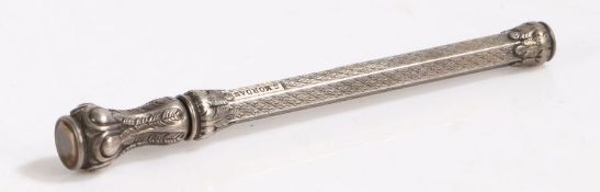 Victorian silver sliding pencil, makers mark only for Sampson Mordan, the hexagonal engine turned
