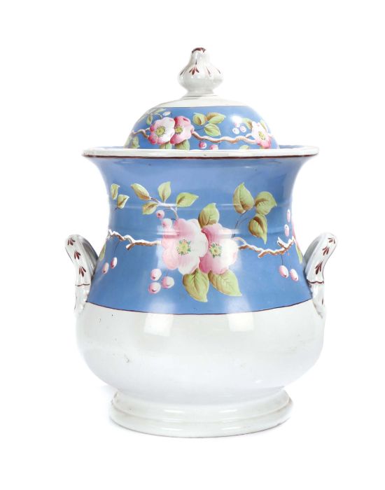 19th Century English pottery Ice Pail, the lid is surmounted by a gadrooned finial above the blue