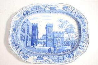 19th Century Spode Caramanian series pearlware blue transfer printed octagonal meat plate, decorated