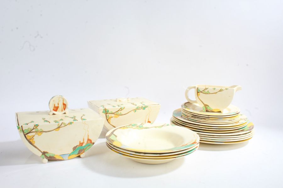 Clarice Cliff Bizarre 'Secrets' part dinner service, comprising two tureens, saucer boat, four