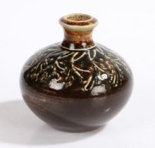 Martin Brothers vase, the slender neck above a bulbous body with stylised leaf decorated collar,