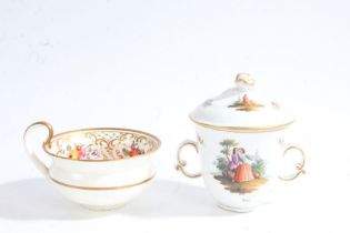A 19th century porcelain chocolate cup and cover, baring Meissen style marks, depicting various
