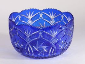 Substantial Bohemian blue and clear glass bowl, the overlaid blue and clear glass bowl with star and