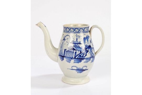 Late 18th Century creamware coffee pot, with a long spout to the pagoda decorated body and loop