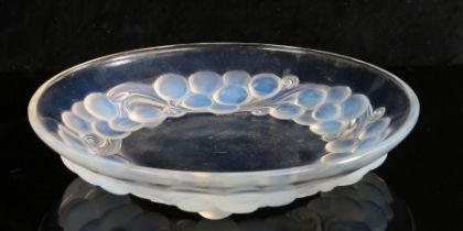 Rene Lalique glass dish with stylised fruit decoration, etched mark to foot, 18.5cm diameter