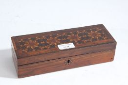 20th century parquetry inlaid pencil box, with a geometric repeating design to the lid together with