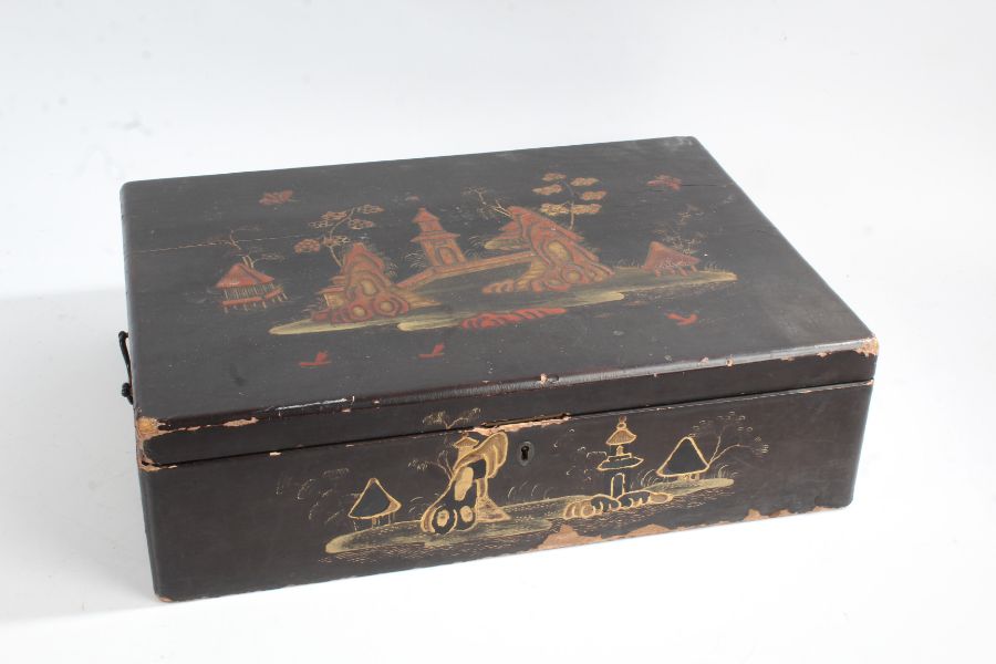 19th century Chinese black lacquered and chinoiserie box, the hinged lid (AF) with a landscape scene