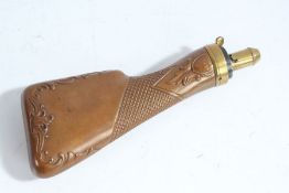 19th Century James Dixon & Sons copper and brass powder flask, in the form of a gun stock with