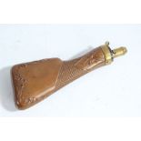 19th Century James Dixon & Sons copper and brass powder flask, in the form of a gun stock with