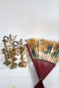 Large Japanese painted fan, together with two pairs of brass candlesticks, pair of brass vases,