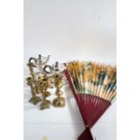 Large Japanese painted fan, together with two pairs of brass candlesticks, pair of brass vases,