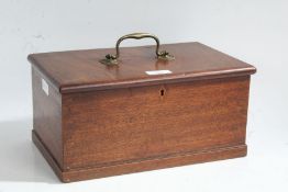 19th century mahogany deed box, the rectangular top with a brass swan neck carrying handle opening