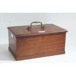 19th century mahogany deed box, the rectangular top with a brass swan neck carrying handle opening