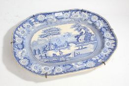 19th/20th century transfer printed blue and white meat plate, depicting people on a river and having