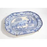 19th/20th century transfer printed blue and white meat plate, depicting people on a river and having