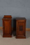 Two mahogany bedside cupboards, one with a square top above a single door with a carved floral panel