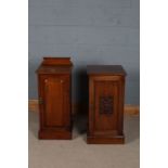 Two mahogany bedside cupboards, one with a square top above a single door with a carved floral panel