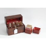 19th Century mahogany apothecary box, the rectangular box containing four glass bottles with