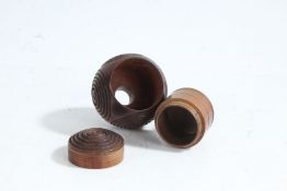 19th Century treen "secret" box, the ball with carved roundels concealing an internal screw top box,