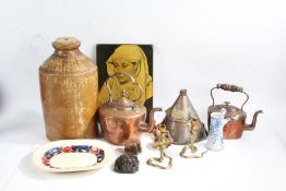 Collection of works of art to include pewter tankards, Luxor bicycle lamp, copper kettles, vacuum