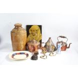 Collection of works of art to include pewter tankards, Luxor bicycle lamp, copper kettles, vacuum