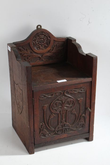 Early 20th century mahogany bible box, dated 1910 to one side, the top set a poker work gallery