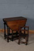 20th century oak drop leaf gate leg table, with barley twist legs and plain stretchers, 76cm wide