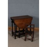 20th century oak drop leaf gate leg table, with barley twist legs and plain stretchers, 76cm wide