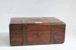 19th century mahogany and brass bound box, the rectangular top with a inset handle opening to reveal