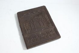 Chinese tea brick, moulded with a pagoda to the center, five stars above and Chinese characters