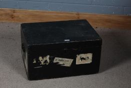 Black painted pine storage box, with handle either side, 56cm wide