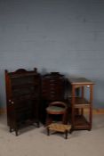 Collection of furniture to include oak stick stand, dressing table chair, oak bookcase, chest, three