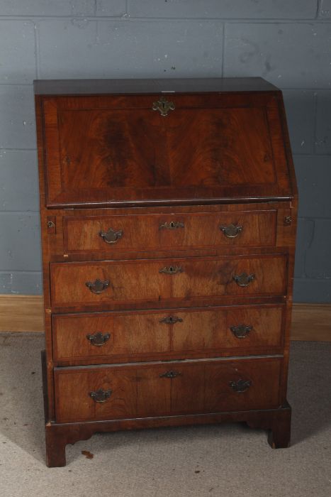 18th century style mahogany bureau, of narrow proportions, the feather banded inlaid sloping fall