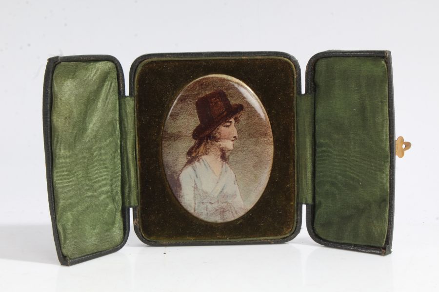 Early 20th century porcelain miniature, by U.S.A. Studio's, depicting a lady wearing a hat and