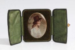 Early 20th century porcelain miniature, by U.S.A. Studio's, depicting a lady wearing a hat and