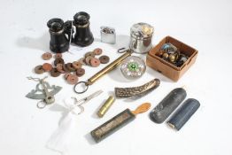 Mixed works of art, to include a glass paperweight, horn handled pen knife, brass balance scales,