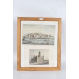 Two colour plates depicting the tower of London housed within a pine and glazed frame, 56cm by 46cm