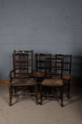 Set of six 19th century spindle back chairs, set on rush seats with turned legs and stretchers (5)