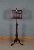 Victorian mahogany music stand, with a adjustable stand in the form of a harp and a turned and