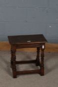 17th century style oak joint stool, the rectangular top above turned legs and plain stretchers, 46cm