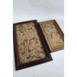 Two framed sections of 20th century machine tapestry both depicting floral scenes with figures,