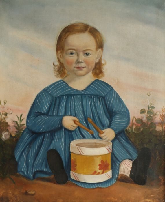 19th Century naïve school, depicting a child with a drum, unsigned oil on canvas, 58cm x 72cm