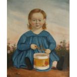 19th Century naïve school, depicting a child with a drum, unsigned oil on canvas, 58cm x 72cm