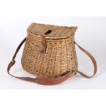 Wicker fishing creel with brown leather strap, 32cm wide, 24cm high