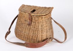 Wicker fishing creel with brown leather strap, 32cm wide, 24cm high