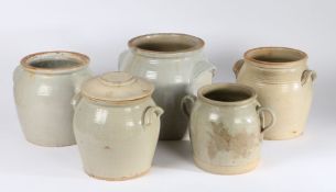 Collection of five French confit pots, possibly Burgundy, one with lid, the largest 26cm tall (5)